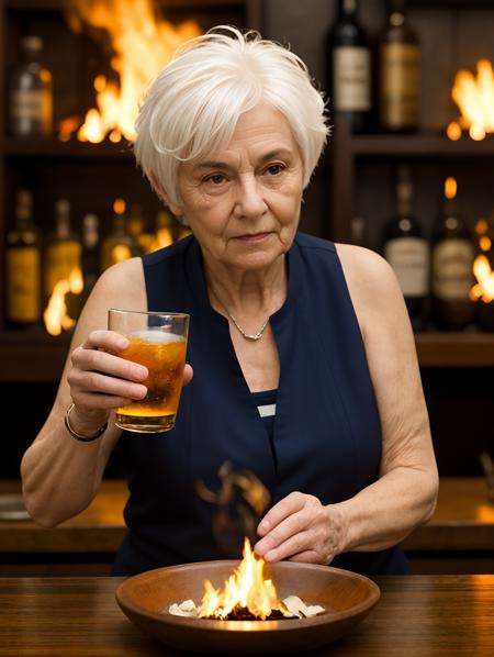 barkeep, 1girl, old, old lady, short hair, white hair, drinking glass, bar (place), looking at viewer, fire, bowl, blurry background, depth of field, realistic