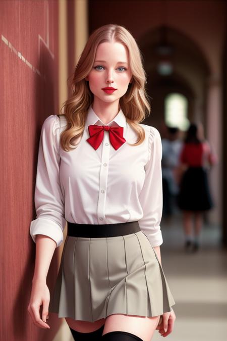 photo of a woman, racheln-2652:0.99, ((pale skin)), ((blonde hair):1.2), ((bowtie, skirt, thighhighs, white shirt):1.2),((cowboy shot, waist, hips, thighs):1.2),((school, hallway, walking):1.3),((red lipstick, eyeliner, eye shadow, blush):1.2), ((best quality, masterpiece, extreme details, high resolution):1.2),((detailed eyes, beautiful eyes, detailed face, beautiful face):1.2), photo of the most beautiful artwork in the world, professional majestic (photography by Steve McCurry), 8k uhd, dslr, soft lighting, high quality, film grain, Fujifilm XT3 sharp focus, f 5.6, High Detail, Sharp focus, dramatic