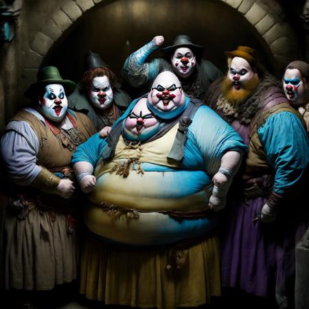 photo, a group of obese Adventurer clowns in a badly lit dungeon (ClownDungeon style:1)  <lora:djzClownDungeon:0.8>