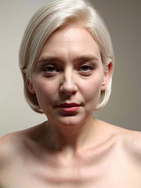 highly detailed photo, realistic, absurdres, highly detailed skin, photorealistic, highres, white hair, pale skin, white, fair complexion, mature woman, english, chubby, portrait photo, wrinkled skin,