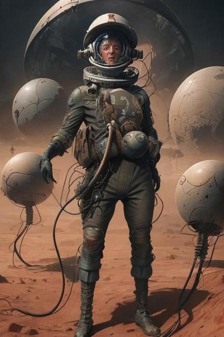 masterpiece, ultra high resolution, 3/4 view, (full body:1.5), a man in a space suit with a helmet on mars, space explorer, sovietpunk, breathtaking background, fantastic scenary, connected with wires to a flying robotic orbs,