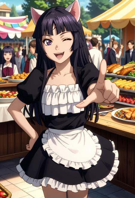 long hair, black hair, hime cut, purple eyes, fake animal ears, hairband TsugumiSuit, two-tone suit, black bodysuit, grey bodysuit, neon trim TsugumiSchool, black serafuku, black sailor collar, black dress, red ribbon, short sleeves TsugumiSchool2, black sailor collar, cardigan, red ribbon, long sleeves, pleated skirt, black skirt long hair, black hair, hime cut, purple eyes, animal ears TsugumiMaid, frilled dress, black dress, white apron, short sleeves, frilled skirt, black skirt