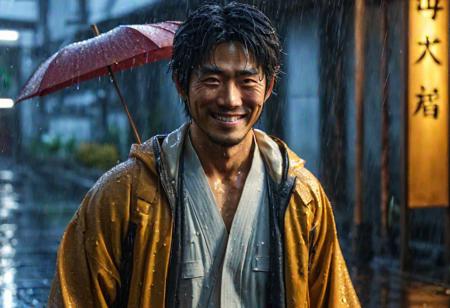 japanese man, full body, very beautiful, Realistic, rain, (ultra detailed), (ultra realistic), RAW photo, HDR, photorealistic, 8k, high res, full body, very beautiful,  smiling,