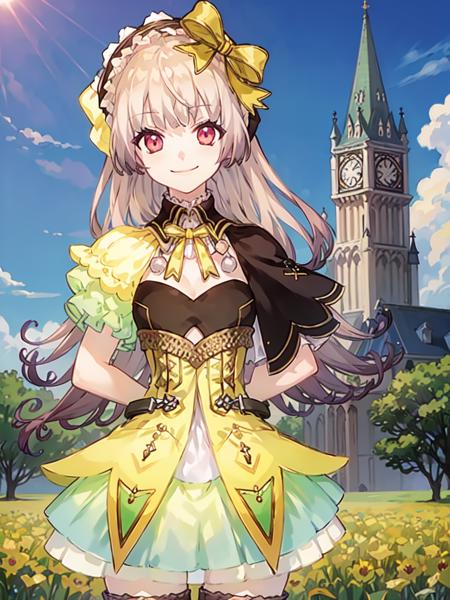 charsuelle, 1girl, solo, smile, bow, looking at viewer, dress, hair bow, hairband, cleavage cutout, thighhighs, arms behind back, closed mouth, short sleeves, capelet, skirt, puffy sleeves, frills, bangs, (cloudy sky:1.2), field, <lora:suellev1a:0.9>