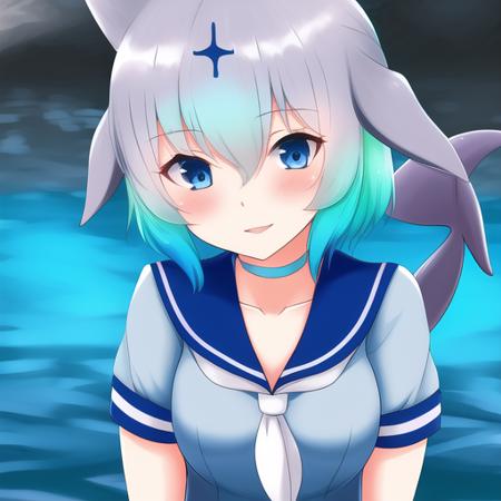 <lora:cbd:0.8>, cbd, solo, 1girl, blue hair, blue eyes, short sleeves, short hair, grey hair, sailor collar, light blue frilled sailor dress, dolphin tail, dorsal fin, blowhole, neckerchief, japari symbol, gradient hair, hair between eyes, bangs, head fins, dolphin girl, choker, collarbone, anchor symbol, detailed shading, detailed ambient light