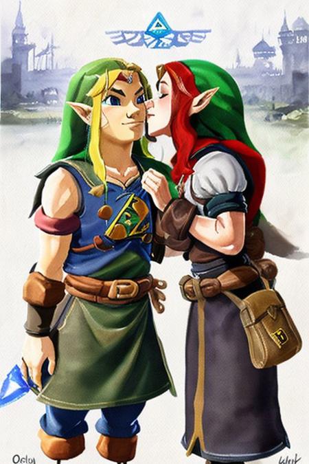(ocarina of time fanart:1.3) (arabic gerudo 1girl:1.1) tribe woman kissing (ganondorf 1boy:1.1) on the cheek kissingcheek hetero <lora:wcolors-step00001600:0.9> watercolor painting <lora:kissingcheek:1>