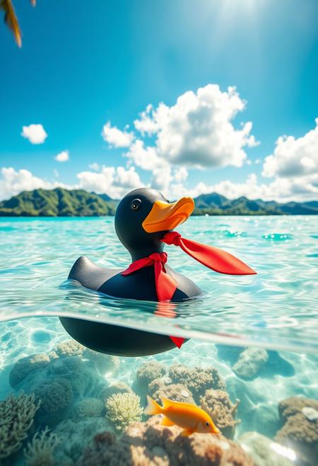 A realistic black rubber bathtub duck, adorned with a bright red necktie tied snugly around its neck, floats on the crystal-clear, turquoise waters near a Fijian shore. The midday sun shines fiercely, casting crisp reflections of swaying palm trees and powdery white sand onto the sea. Gentle waves lap at the duck, revealing vibrant coral and darting tropical fish below. In the distance, lush green hills rise beneath a sky flecked with fluffy cumulus clouds. The duck’s matte surface and the tie’s subtle sheen catch the light, blending quirky charm with the vivid, tropical realism of the scene.
