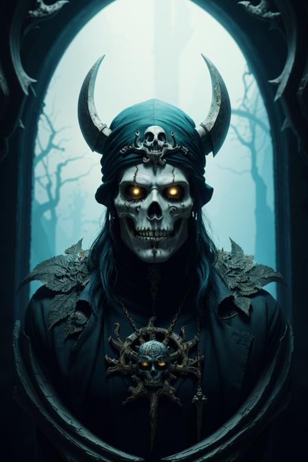 Phtogenesis, in the style of detailed fantasy art, dark cyan and white, undead pirate male, nicolas delort, intricate foliage, uhd image, carving, detailed face, epic, symmetrical , ultra hd, dramatic and cinematic light , professionally color graded,