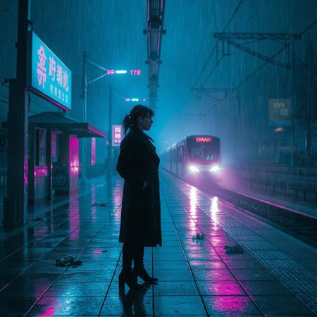 An atmospheric cyberpunk scene — a woman in a dark trench coat waits alone on a deserted monorail platform, late at night.
Cold blue and pink neon lights reflect on wet tiles, flickering from malfunctioning signage.
In the distance, the silhouette of a monorail approaches through heavy digital fog, headlights cutting through glitchy rain.
The woman’s smart-glasses glow faintly, showing scrolling data. Her expression is distant, almost numb.
Trash flutters on the platform from passing wind, and soft static hums from old speakers.
Surroundings are filled with faded corporate posters, some glitching, some torn.
Mood is introspective, cinematic, deeply melancholic — a mix of loneliness and digital detachment.
Ultra-detailed, moody lighting, 35mm film lens, 8K, volumetric light.