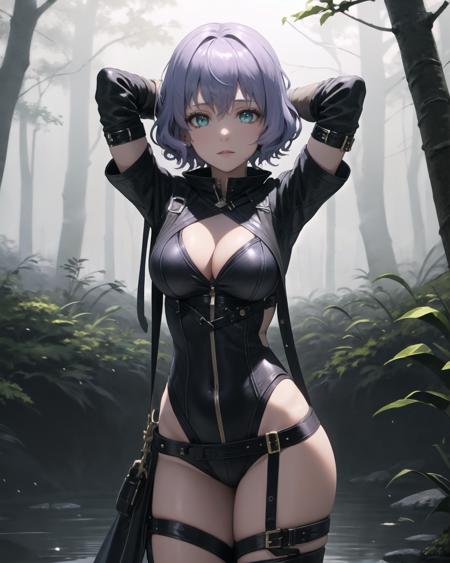 best quality, (masterpiece:1.2), illustration, absurdres,
(1girl, solo), (beautiful detailed girl), full body shot,,
<lora:SharonEnforcer-08:0.85>, Sharon Kreuger, lavender hair, short hair, aqua eyes, medium breasts, 
leather, leotard, cleavage, black thigh boots, black gloves, 
focused, calm, emotionless, apathetic,
swamp, trees, plants, fog, mist,
arms behind head
cowboy shot,