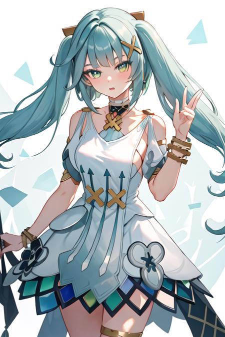 best quality, masterpiece, highres, solo, {faruzan_genshin:1.15}, twintails, bangs, long_hair, hair_ornament, aqua_hair, x_hair_ornament, green_eyes, jewelry, breasts, bracelet, small_breasts, symbol-shaped_pupils, upper_body, 1girl, bare_shoulders, closed_mouth, dress, looking_at_viewer, white_dress, short_sleeves