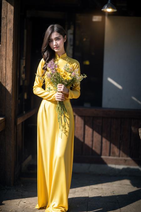 1girl, aodai yellow dress, photo art, (flower:1.2),<lora:aodai_SD_chiasedamme_v02:0.6>, a stunning photo with beautiful saturation, ultra high res,(realistic:1.4)),deep shadow,(best quality, masterpiece), pale skin, dimly lit, shade, flustered, blush, highly detailed, skinny, BREAK depth of field, film grain, wrinkled skin, looking at viewer, knee, warm smile, (full body:1.2), masterpiece,ultra realistic,32k,extremely detailed CG unity 8k wallpaper, best quality