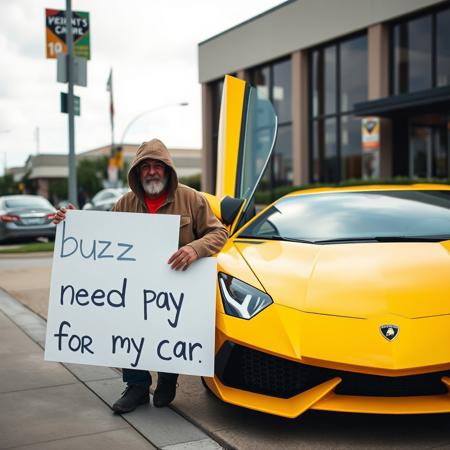 A Homeless man next to his yellow Lamborghini holding sign "need buzz to pay for my car"