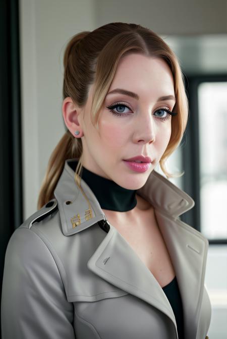 photo of (K4thRy4n01:0.99), a woman, RAW, close portrait photo, trench coat, long high_ponytail, pale skin, slim body, (high detailed skin:1.2), 8k uhd, dslr, soft lighting, high quality, film grain, Fujifilm XT3 sharp focus, f 5.6