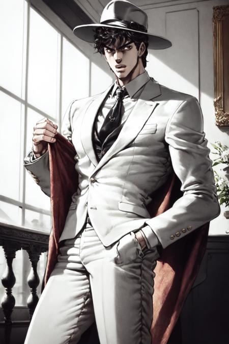 <lora:JOJO'S_BIZARRE_ADVENTURE_Part1and2_ComicStyle-000055:0.8:lbw=outall>1boy, hat, suit, white suit, mature male, (best quality, masterpiece:1.3)