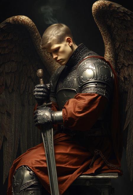 Baroque Fantasy Realism, The image shows a young man dressed in a medieval-style armor with large wings. He is sitting on a throne-like structure with a sword in his hand and a shield on his chest. The armor is made of metal and has intricate designs and patterns on it. The man has blonde hair and is wearing a red robe with gold accents. He appears to be deep in thought with his eyes closed and his head resting on his hands. The background is dark and moody with a hint of smoke or fog. The overall mood of the image is somber and contemplative., solo, wings, armor, 1boy, male focus, weapon, gloves, holding, sword, profile