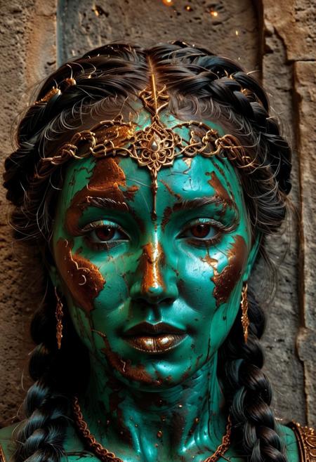 masterpiece, best quality, ultra detailed, close-up portrait, dark fantasy aesthetic, Patina Metal Skin race. The face of La Santa di Ferro, a divine figure of an ancient metallic race. Her skin is a deep oxidized iron red, flecked with dark rust-orange patina that forms intricate, natural filigree patterns across her cheeks and brow, like holy markings etched by time itself. Her eyes glow faintly gold, as if smelted from molten metal, serene yet powerful. Small fissures and delicate cracks run across her face, subtly filled with veins of verdigris green, resembling the natural healing of metal. Her hair is tightly braided steel wires, shimmering under dim light, falling like delicate chains. The background is shadowed stone and faint candlelight, emphasizing her sanctity in a forgotten temple. Mood: sacred, awe-inspiring, an ancient relic made flesh.