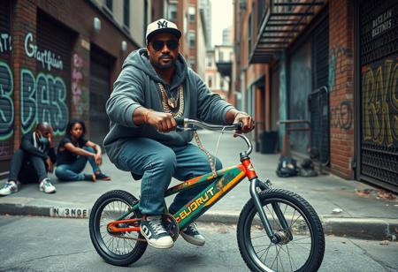 “Create a highly detailed, realistic photographic image captured with an aspherical Panavision 105mm lens effect. The scene features a big, heavyset rapper with a bold hip-hop style, inspired by Snoop Dogg and 50 Cent, riding a small, colorful young boy’s bicycle. The rapper wears large gold chains with diamond accents, oversized sunglasses, and a fitted cap turned slightly to the side. His outfit includes a baggy hoodie, jeans, and classic sneakers, with visible tattoos on his forearms. His expression is cool and confident, capturing classic hip-hop swagger. Nearby, a man sits on the sidewalk, casually smoking crack, adding to the gritty atmosphere of the scene. In the background, set in the Bronx, is a gritty urban environment with graffiti-covered walls and a hint of street activity, including someone discreetly smuggling a small, suspicious package. The scene combines realism with a dramatic urban vibe, highlighting hip-hop culture and the street’s raw atmosphere.”