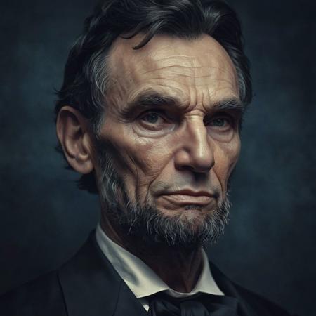 closeup portrait of Abraham Lincoln, serious look, moody, highly detailed, 
BREAK
Deep dark intense midnight blue misty background, Dark theme, dynamic lighting, (soft shadows), (soft focus), (photo realistic), uhd, 8k