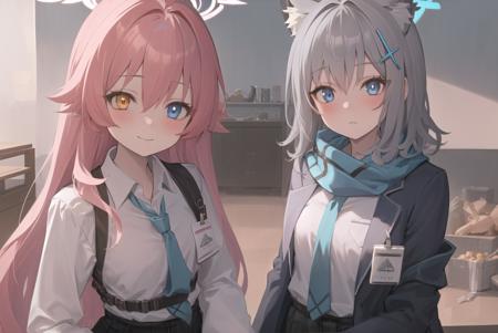 masterpiece, best quality, ultra-detailed,  2girls, indoors, school
AND masterpiece, best quality, ultra-detailed,  2girls, upper body, halo,hoshino, school uniform,very long hair,orange eyes,blue eyes,heterochromia,pink hair,white shirt,chest harness,(small breasts:1.1),smile,closed mouth
AND masterpiece, best quality, ultra-detailed,  2girls, upper body, halo,(shiroko:1.2), grey hair,medium hair,blue eyes,blue scarf,white shirt,(blue jacket:1.1) , expresionless