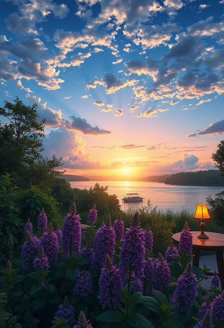detailed background,( Calm spring night landscape), amongst lush greenery, beautiful view, creeping phlox in full bloom, creeping phlox, early morning, sunrise sky, beautiful clouds, dappled sunlight, outdoor seating, one lamp, Tranquil Lake, Boat on a Lake, depth of field, masterpiece, best quality, ultra-detailed, very aesthetic, illustration, perfect composition, intricate details, absurdres, moody lighting, wisps of light, no humans,