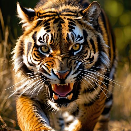 Tiger crouched, ready to pounce, intense, deadly gaze, detailed fur texture with sharp contrast in stripes, powerful leg muscles tensed, visible claws, concentrated expression, close-up of snarling face, deep, penetrating eyes, heightened sense of danger, intricate whiskers, dynamic play of light and shadow on fur, surrounding underbrush adding to the tense atmosphere, high-definition details capturing the essence of a predator, Kodak film realism, 8K UHD precision.