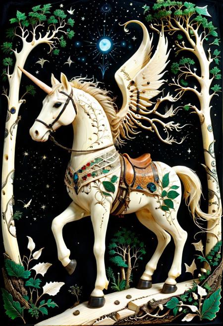 PG-TR,A mythical carriage made of scrimshaw traversing an enchanted forest path made of scrimshaw , luminescent creatures made of scrimshaw guiding the way, ancient trees towering overhead, dusk time ambiance, detailed, fantasy art , neon outlines, wire herb, robotic horse made out of scrimshaw, ebony, ivory, scrimshaw, bone carving