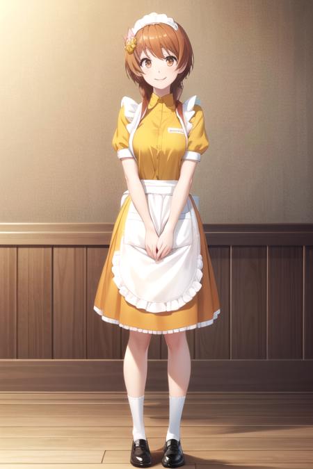 (extremely detailed CG unity 8k wallpaper), (masterpiece), (best quality), (ultra-detailed), (best illustration), (best shadow), (absurdres), 1girl, solo, <lora:tachibana_v2:0.8>, tachibana marika, maid headdress, waitress, yellow shirt, orange skirt, socks, apron, v arms, own hands together, cafe, looking at viewer, smile