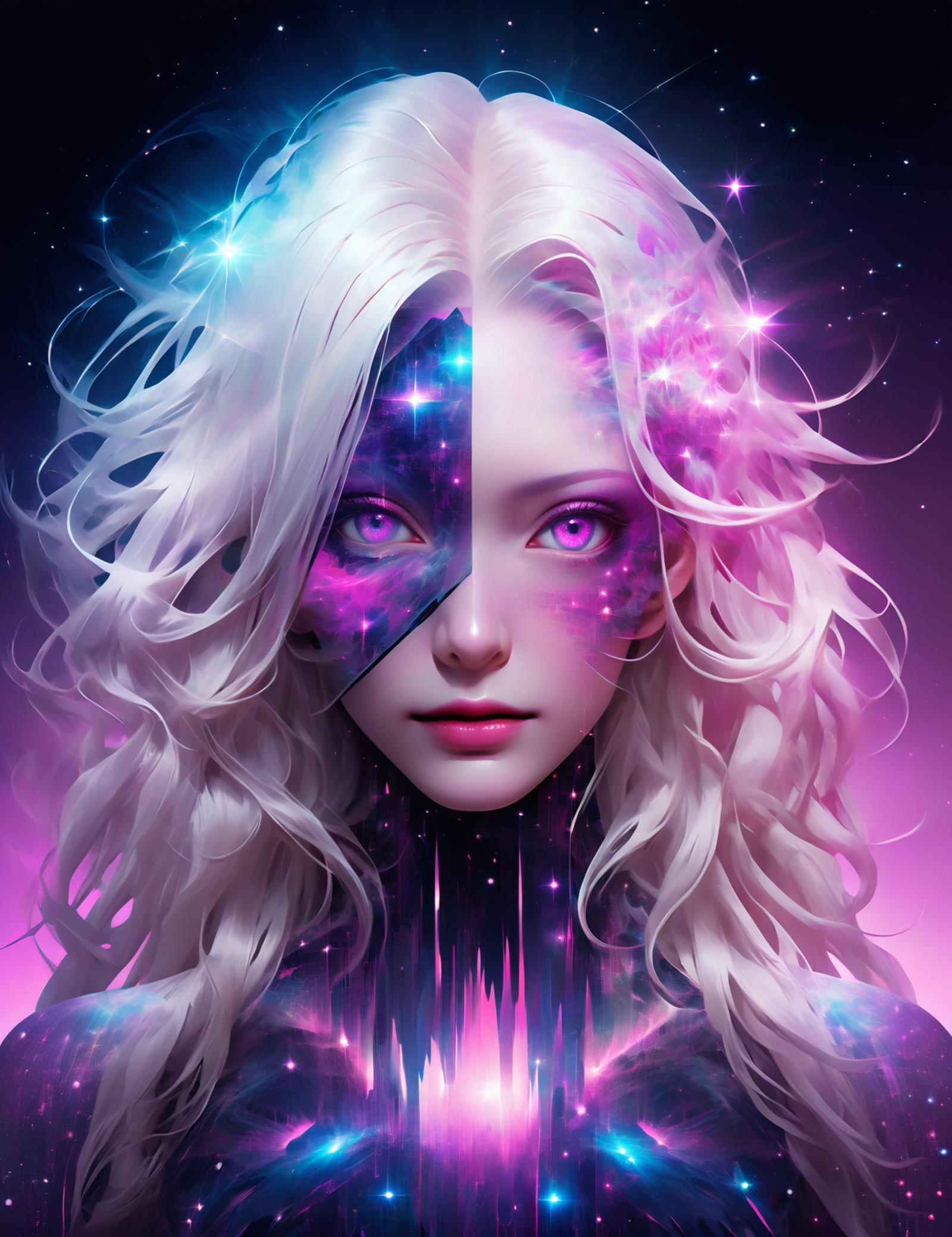 Blonde-haired Woman with Purple Starry Eyes and White Hair, Artistic Illustration.