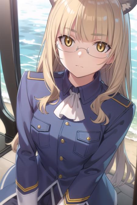 perrineclostermann, <lora:perrine clostermann anime-lora-nochekaiser:1>,
perrine clostermann, long hair, blonde hair, animal ears, (yellow eyes:1.5), glasses, dog ears,
BREAK uniform, military, military uniform, ascot, white ascot,
BREAK outdoors, ship, ocean, sun, sky, clouds,
BREAK looking at viewer, (cowboy shot:1.5),
BREAK <lyco:GoodHands-beta2:1>, (masterpiece:1.2), best quality, high resolution, unity 8k wallpaper, (illustration:0.8), (beautiful detailed eyes:1.6), extremely detailed face, perfect lighting, extremely detailed CG, (perfect hands, perfect anatomy),