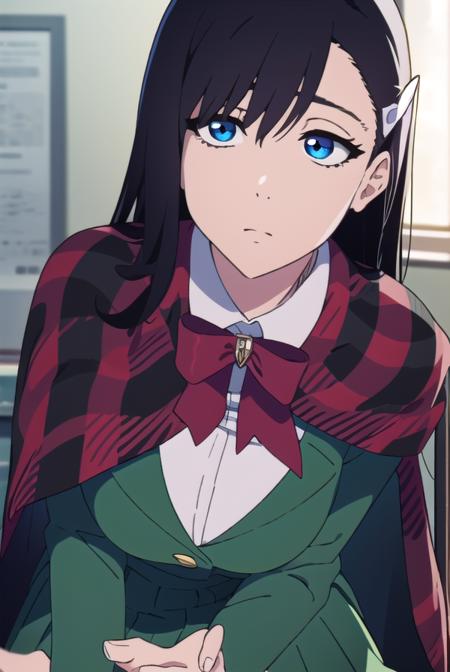 noelniihashi, <lyco:noelniihashianime-LYCORIStest:1>,
noel niihashi long hair, blue eyes, black hair, hair ornament, hairclip, (large breast:1.2),
BREAK skirt, shirt, long sleeves, bow, school uniform, jacket, white shirt, pleated skirt, collared shirt, bowtie, red bow, plaid, capelet, blazer, green skirt, green jacket,
BREAK looking at viewer,
BREAK indoors, classroom,
BREAK <lora:GoodHands-vanilla:1>, (masterpiece:1.2), best quality, high resolution, unity 8k wallpaper, (illustration:0.8), (beautiful detailed eyes:1.6), extremely detailed face, perfect lighting, extremely detailed CG, (perfect hands, perfect anatomy),