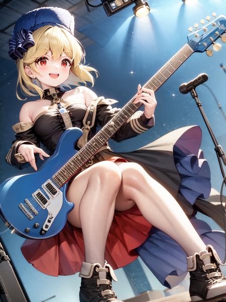 masterpiece, best quality, 1girl, solo, nrband, <lora:nag-000002:1>, guitar, jump, hand up, smile