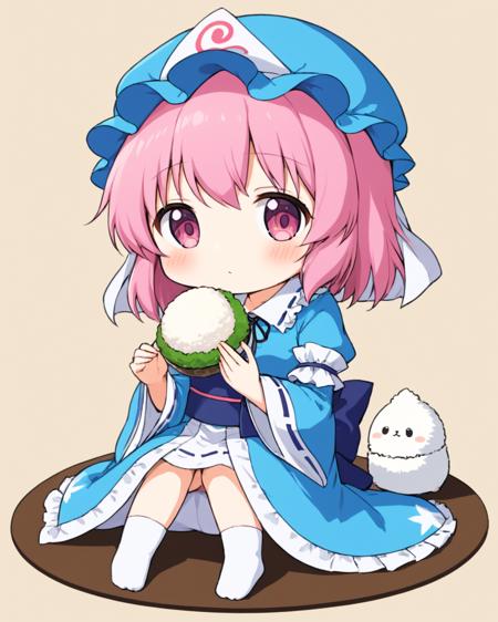 saigyouji yuyuko,1girl, solo, onigiri, mob_cap, wide_sleeves, eating, triangular_headpiece, long_sleeves, blue_headwear, blue_kimono, blush_stickers, chibi, holding_food, sitting, full_body, white_socks, hitodama, polka_dot
<lora:saigyouji_yuyuko_image6716_2023-12-14:1>,star-shaped_pupils,symbol-shaped_pupils,. gorgeous,key visual, vibrant, studio anime,award-winning, professional, highly detailed,high budget, cinemascope