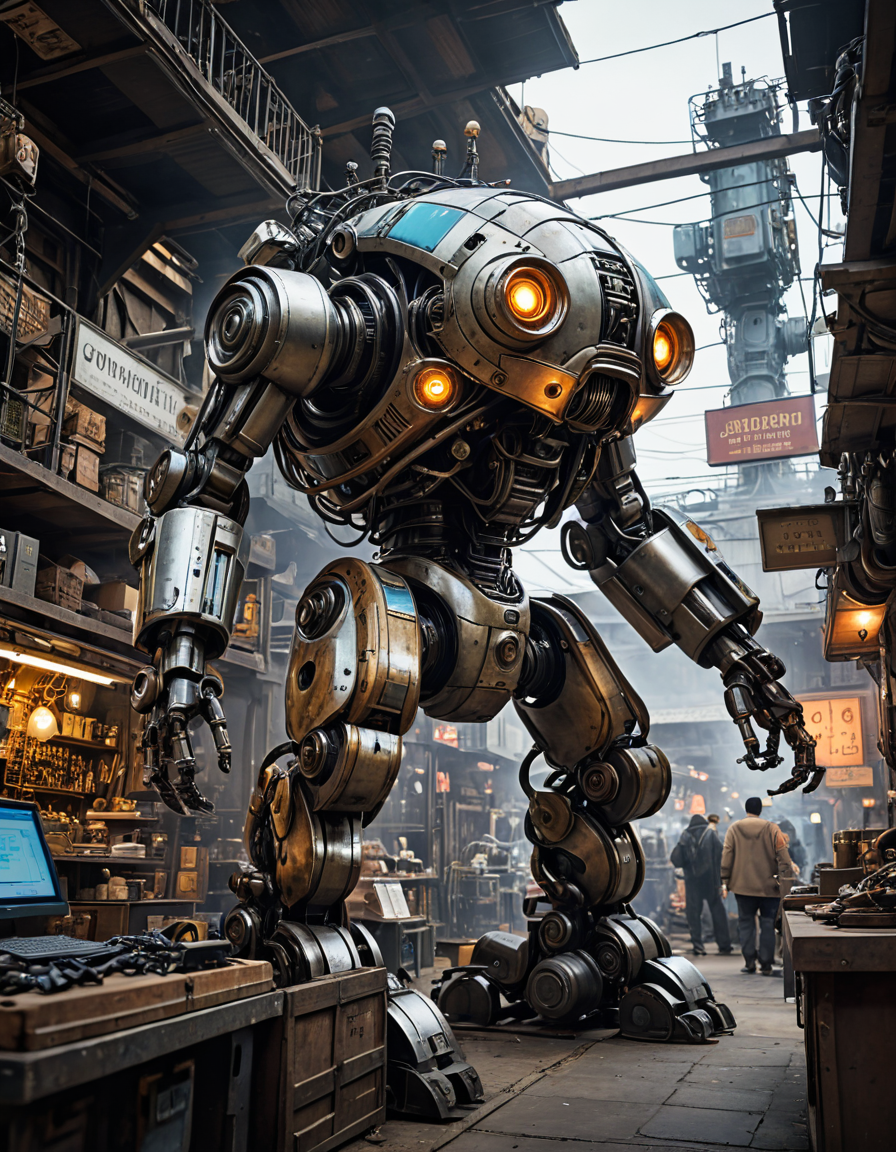 nomad trading post, traveling merchants, bartering, diverse goods (combustion, worm's eye view:1.2), Cybernetic robot , android, AI, machine, metal, wires, tech, futuristic, highly detailed, (masterpiece, intricate details:1.2)