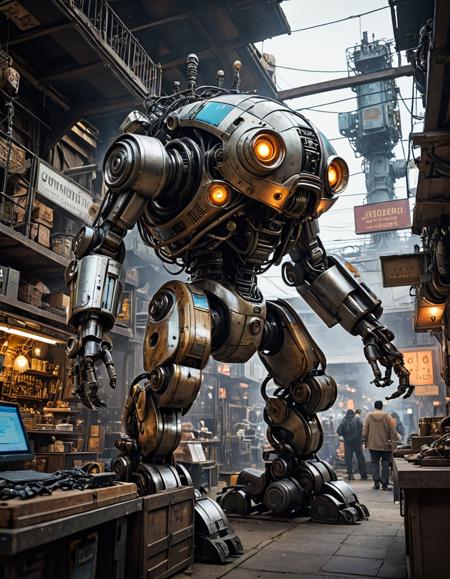 nomad trading post, traveling merchants, bartering, diverse goods (combustion, worm's eye view:1.2), Cybernetic robot , android, AI, machine, metal, wires, tech, futuristic, highly detailed, (masterpiece, intricate details:1.2)