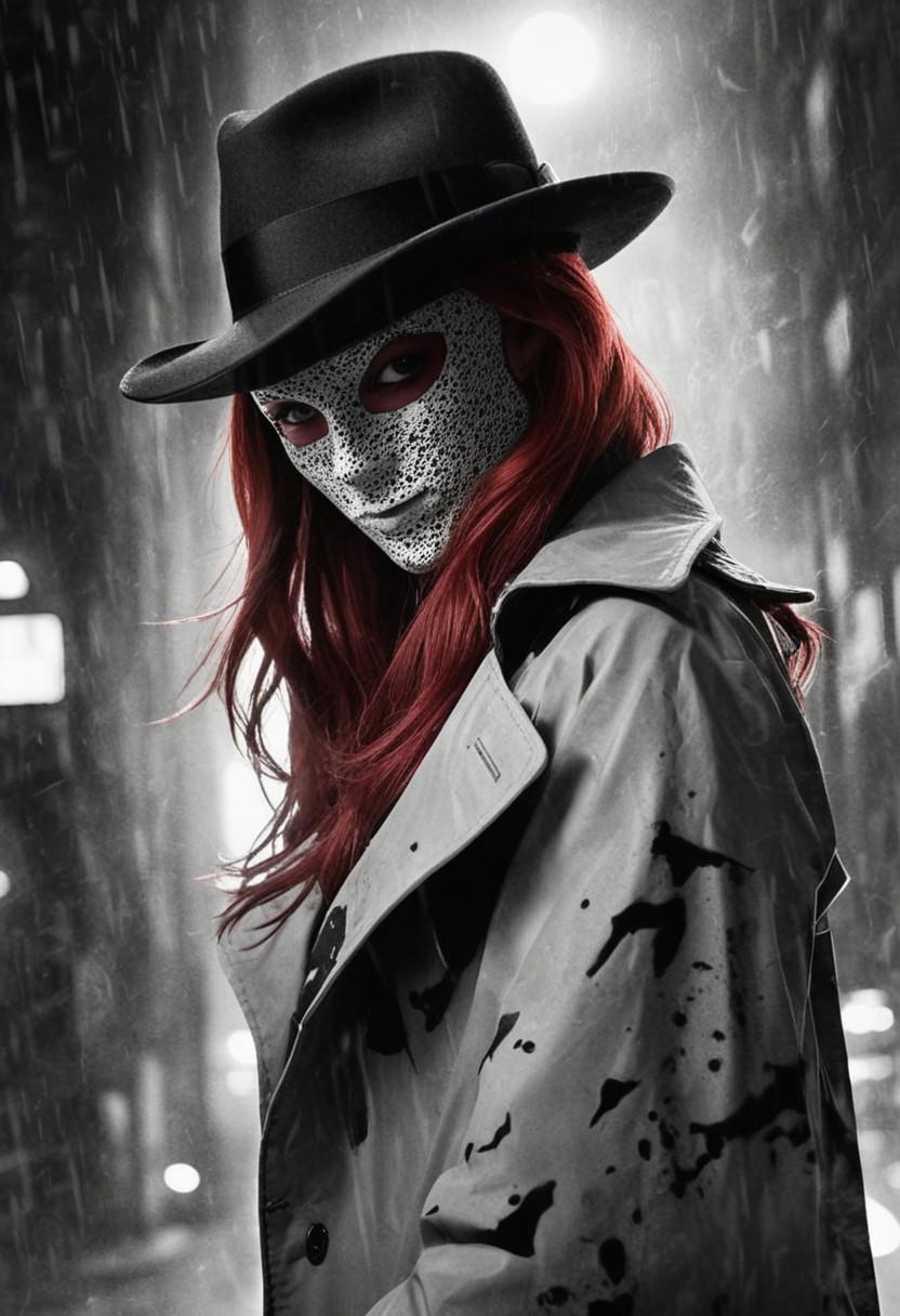 Rorschach character from Watchmen, graphic novel style, dark and gritty, black and white, detailed ink work, photo of 1girl, long red hair, with iconic mask, fedora hat, trench coat, intense expression, cinematic lighting, 8k resolution