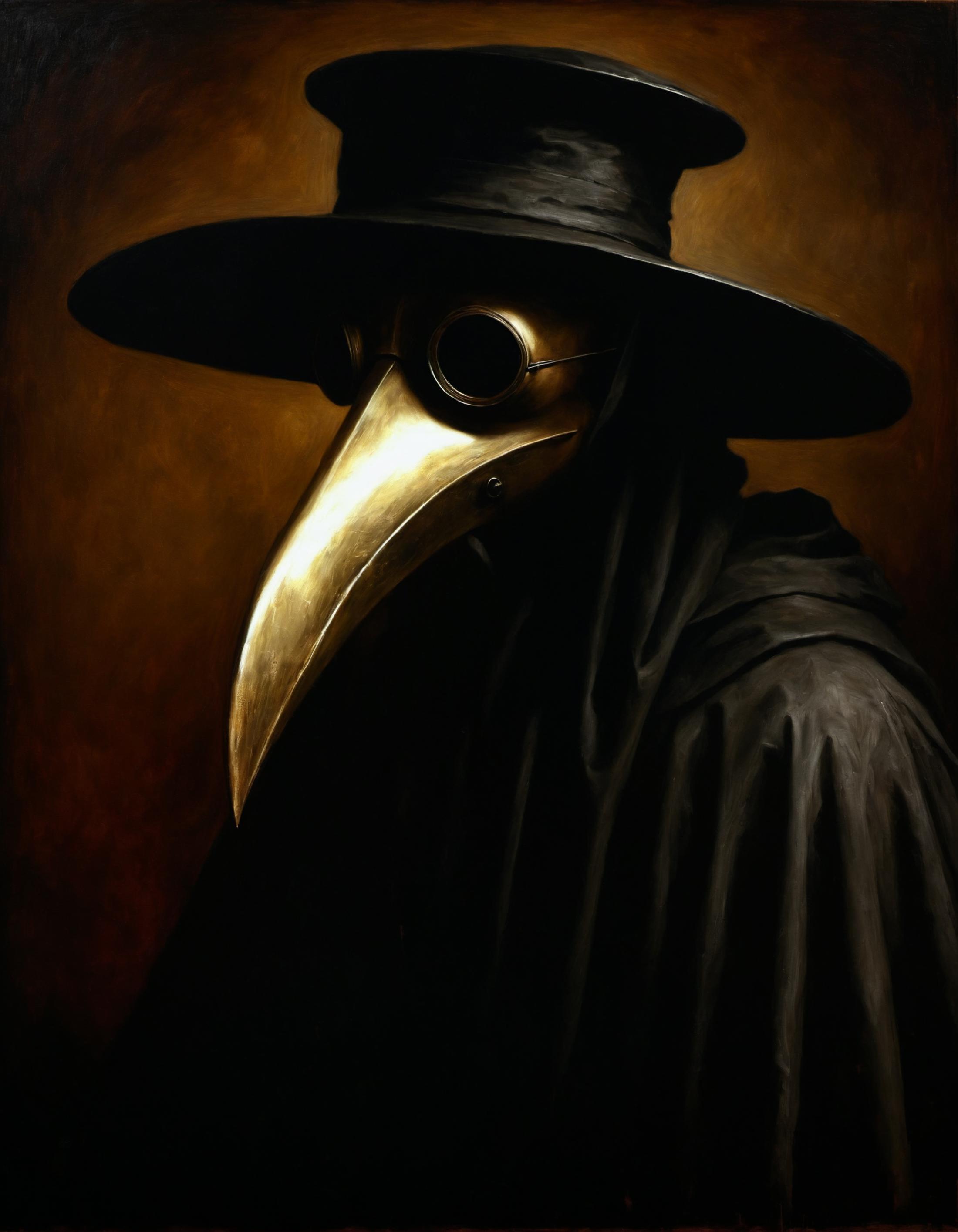 A black and gold painting of a person wearing a black hat and a black mask.