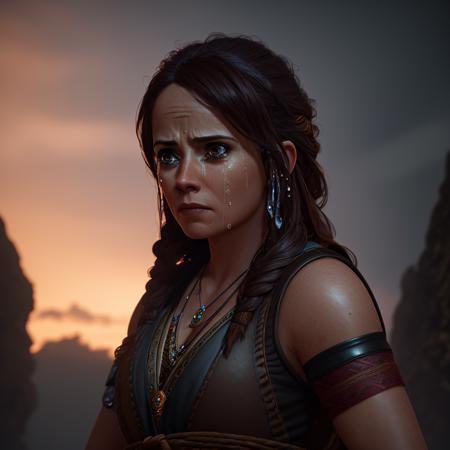 Professional photo of Freya, front view, (((crying))), (godrays:1), 4k, UHD, (volumetric lighting:1), (RAW photo:1.2), ((masterpiece, best quality)), <lora:Freya_GodofWar:1>