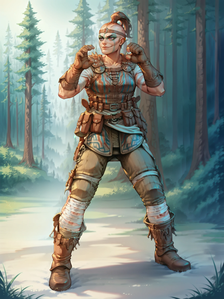 Sham4nForHonor, 1girl, shaved head, topknot gloves, boots, bandages, pants, pouches, armor, leather headband