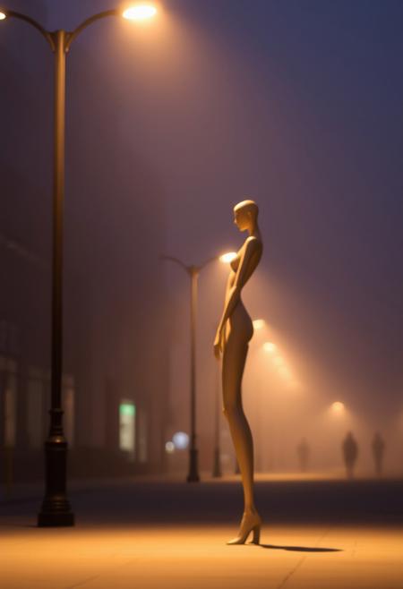 A long-exposure photograph with a blurred bokeh effect, showcasing a gently lit, elongated sculpture in an ethereal pose. A lone figure stands near dim streetlights in a foggy, misty city street scene.  The image uses soft light and diffused shadows, with sharp focus on the sculpture and a soft background, capturing a contemplative mood.