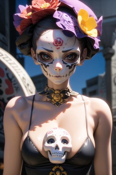 [skeleton:1girl:0.9](3d model of a girl with a sugar skull head:1.1), in the style of inventive character designs, close-up intensity, animated gifs, made of flowers, (mexican muralism:1.2), playstation 5 screenshot, dark violet and white