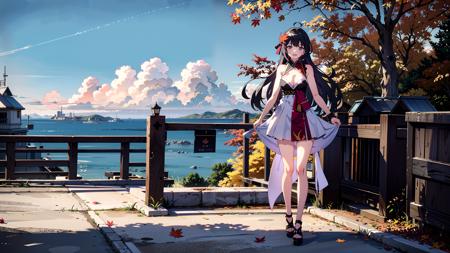 masterpiece, best quality, full body,
1girl, autumn, autumn leaves, bare shoulders, black hair, blush, breasts, chinese clothes, cleavage, clothing cutout, dress, fire, large breasts, leaf, long hair, looking at viewer, maple leaf, open mouth, sleeveless, smile, solo, very long hair,
sky, cloudy sky, building, sun