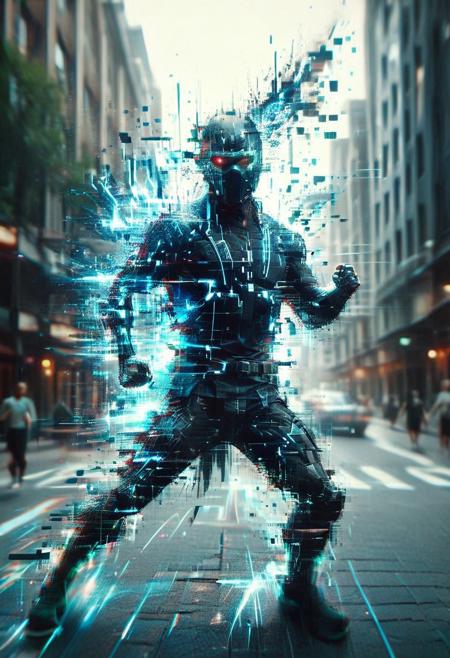 blurry background,  dark theme, explosions in the background, depth of field, in the street, tall buildings, solo, open arms, halfbody portrait, lightning bolt everywhere, cyborg ninja, charging lightning energy on hand, running and sprinting, swinging arms, throwing shuriken, holding katana, glitch, flickering, digital, glitch style