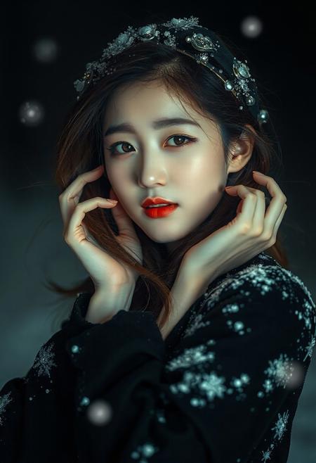 DLSR photograph, slender, beautiful extremely sexy 26 year old korean model . Pale skin, 
lighting<lora:MoriiMee_Gothic_Niji_Style_FLUX:0.3500000000000001> <lora:AsirAsianPhotographyflux:0.7000000000000002>
 (score_9, score_8_up, score_7_up), white theme, masterwork, masterpiece, best quality, dynamic pose, dynamic angle, (realistic:1.4), (lineless:1.2), detailed, <lora:Detailer_NoobAI_Incrs_v1:0.75>, , aged up, adult, depth of field, blurry, cheekbones, dynamic lighting, high detail, 8k  girl, kawai girl,Expressiveh, good_hands, best quality,mature woman,              ,score_9_up, score_8_up, score_7_up, ,score_6_up,standing,elsa, posing with hands in hair, looking at viewer, pale milky skin, snowing, sultry smile