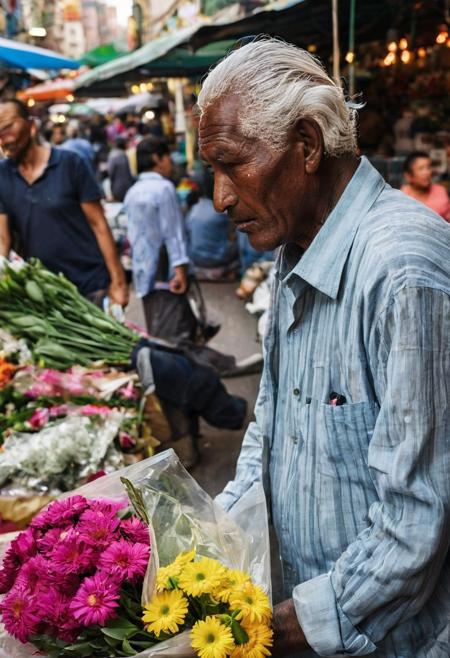 Street photography,  A vendor selling flowers on a busy market street, the man is a elder with white hair and a dark skin tone, the man looks tired but determined, a candid moment, busy street, in a city place, side view