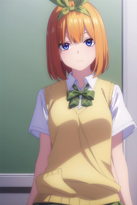 yotsubanakano, <lora:yotsubanakanospecial-lora-nochekaiser:1>, 
yotsuba nakano, bangs, short hair, blue eyes, hair between eyes, hair ribbon, hairband, orange hair, (green ribbon:1.5),
BREAK skirt, shirt, bow, ribbon, school uniform, white shirt, short sleeves, pleated skirt, shoes, socks, collared shirt, miniskirt, bowtie, black footwear, kneehighs, green skirt, black socks, loafers, green bow, sweater vest, green ribbon, (yellow sweater vest:1.5),
BREAK indoors, classroom,
BREAK looking at viewer, (cowboy shot:1.5),
BREAK <lyco:GoodHands-beta2:1>, (masterpiece:1.2), best quality, high resolution, unity 8k wallpaper, (illustration:0.8), (beautiful detailed eyes:1.6), extremely detailed face, perfect lighting, extremely detailed CG, (perfect hands, perfect anatomy),