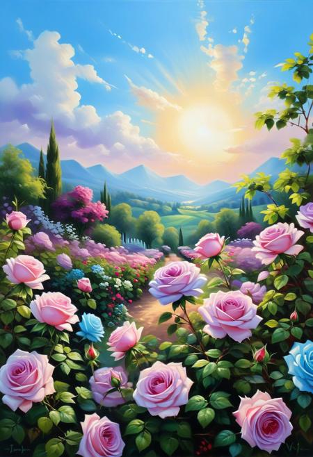 oil painting, rose flower garden, Sky (blue), petals(purple), Natural scenery, Fresh and clean, rose plants, Springtime, Beautiful landscape, Sunlight, Warm atmosphere<lora:xl_more_art-full_v1:0.3><lora:oil_SDXL_v1.0:0.8>