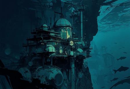 We are underwater, 100 meters unders surface, with exceptional visibility. From a great height, we observe a massive cliff plunging into the darck abyss. A vast underwater research station, almost a futuristic city and a mining extraction facility at the same time, stands at the edge of the abyss.
The station’s architecture is sleek and harmonious, made of glass and steel. A grand building with a colossal glass towers over numerous other structures, many of which also have small domes or cupolas. Multiple platforms house residential and research facilities, with scattered lights illuminating the underwater station and antennas spread throughout.
Numerous air bubbles rise from the station, drifting towards the surface. In the foreground, additional research domes, pipelines, conduits, and enormous underwater mining machines add to the station’s industrial activity. The water is crystal clear, allowing for an extensive view of various fish swimming in the distance.
