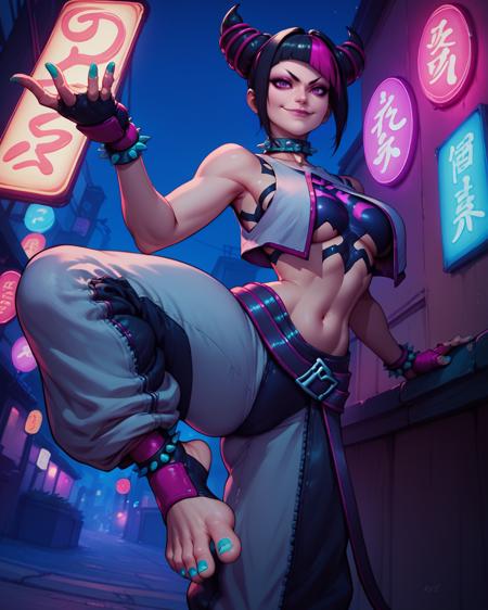 juridgsf6, purple eyes, black hair, bangs, hair horns, multicolored hair,streaked hair, makeup, lipstick,  fingerless gloves,multiple belts, collar, spiked bracelet, aqua nails, chaps, baggy pants,toeless legwear,jacket, juridgog, purple eyes, black hair, bangs, hair horns, detached sleeves, fingerless gloves,  pink nails, toeless legwear, baggy pants, bracelet, halterneck, 