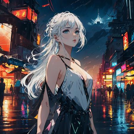 masterpiece,best quality,8k,dark theme,(colorful:1.1),1girl,shoulder cutout,backless outfit,(finely detailed beautiful eyes and detailed face:1.1),white hair,solo,smile,cloudy_sky,day,wind,cityscape,neon light,after rain,short dress,cinematic lighting